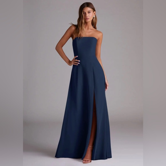 Azazie Wren Dark Navy A-Line Side Slit Chiffon Dress - Picture 4 of 13